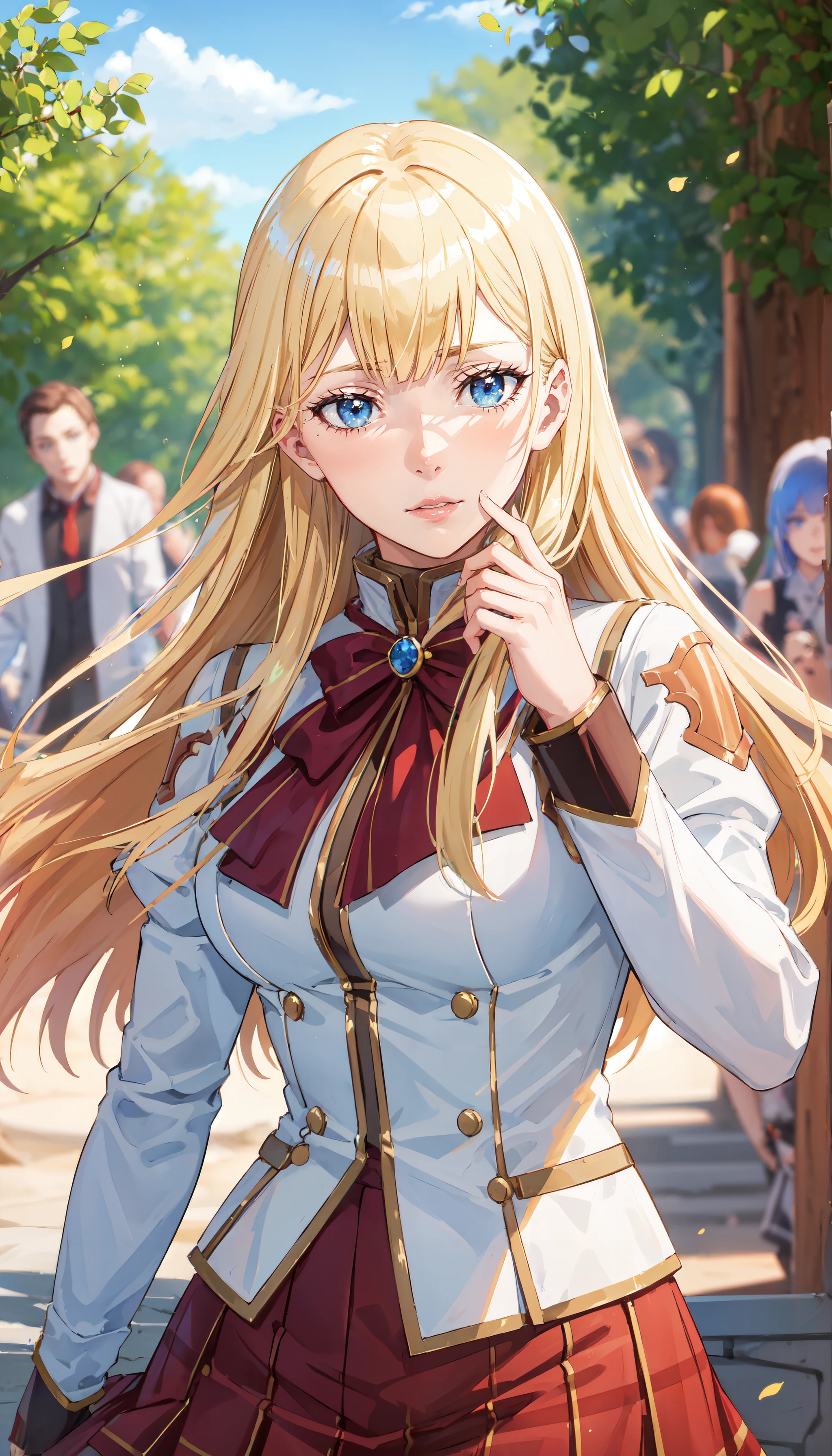 photorealistic, (4k), depth of field, (Masterpiece), (realistic skin texture), extremely detailed, intricate, hyper detailed, professional photography, bokeh, high resolution, sharp detail, best quality, girl, long hair, blonde hair, straight hair, blue eyes, white shirt, long sleeves, red skirt, <lora:GoodHands-vanilla:0.4>, <lora:detail_slider_v4:0.8> , dynamic pose, (crossed legs),   <lora:Sif Rembrandt:0.7>, outdoors, clouds, solo, (forest), blue sky,