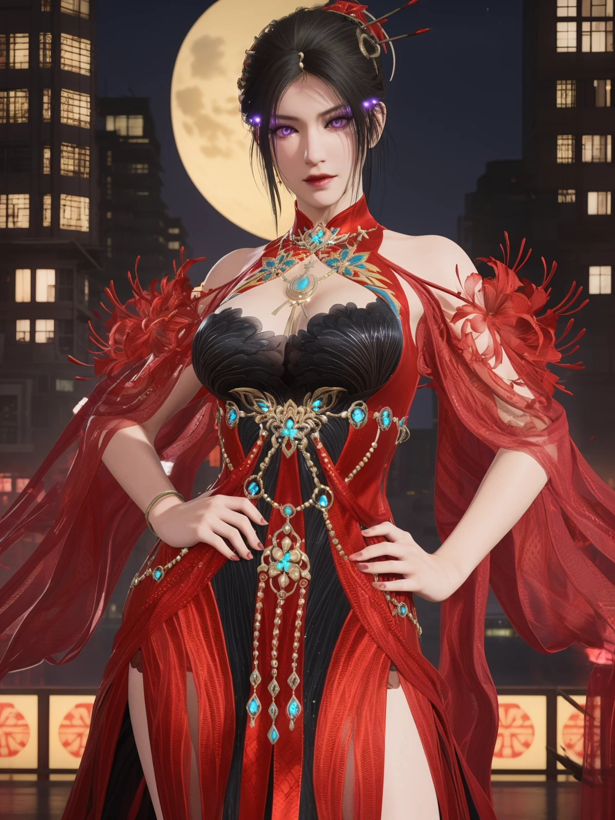 YJWJninghongyeCHXX, 1girl, dress, solo, black hair, jewelry, hair ornament, flower, purple eyes,looking at viewer, clothing cutout, cleavage cutout,cityscape, night, <lora:YJWJninghongyeCHXX:0.75>,cowboy shot,hand on hip,