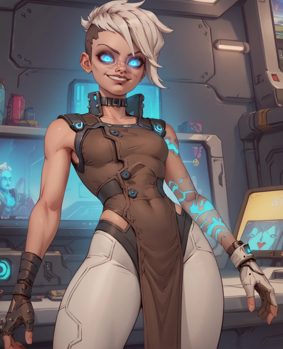 score_9,score_8_up,score_7_up,
glowing eyes,
Tyreen,white hair,blue eyes,two-tone hair,scar on face,undercut,eyebrow cut,smug,glowing left arm tattoo,
fingerless gloves,sleeveless,pants,collar,shirt,brown top,pelvic curtain,pants,
cyberpunk,tv show,
<lora:TyreenCalypso91:0.8>,