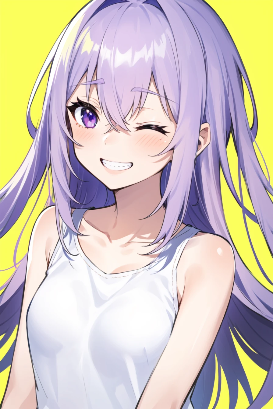 1girl, yellow_background, smile, solo, orange_background, long_hair, looking_at_viewer, grin, teeth, purple_eyes, collarbone, upper_body, bangs, one_eye_closed, blush, hair_between_eyes, bare_shoulders, shirt, eyebrows_visible_through_hair, virtual_youtuber, sleeveless, white_shirt <lora:style_MikaPikazo:1>