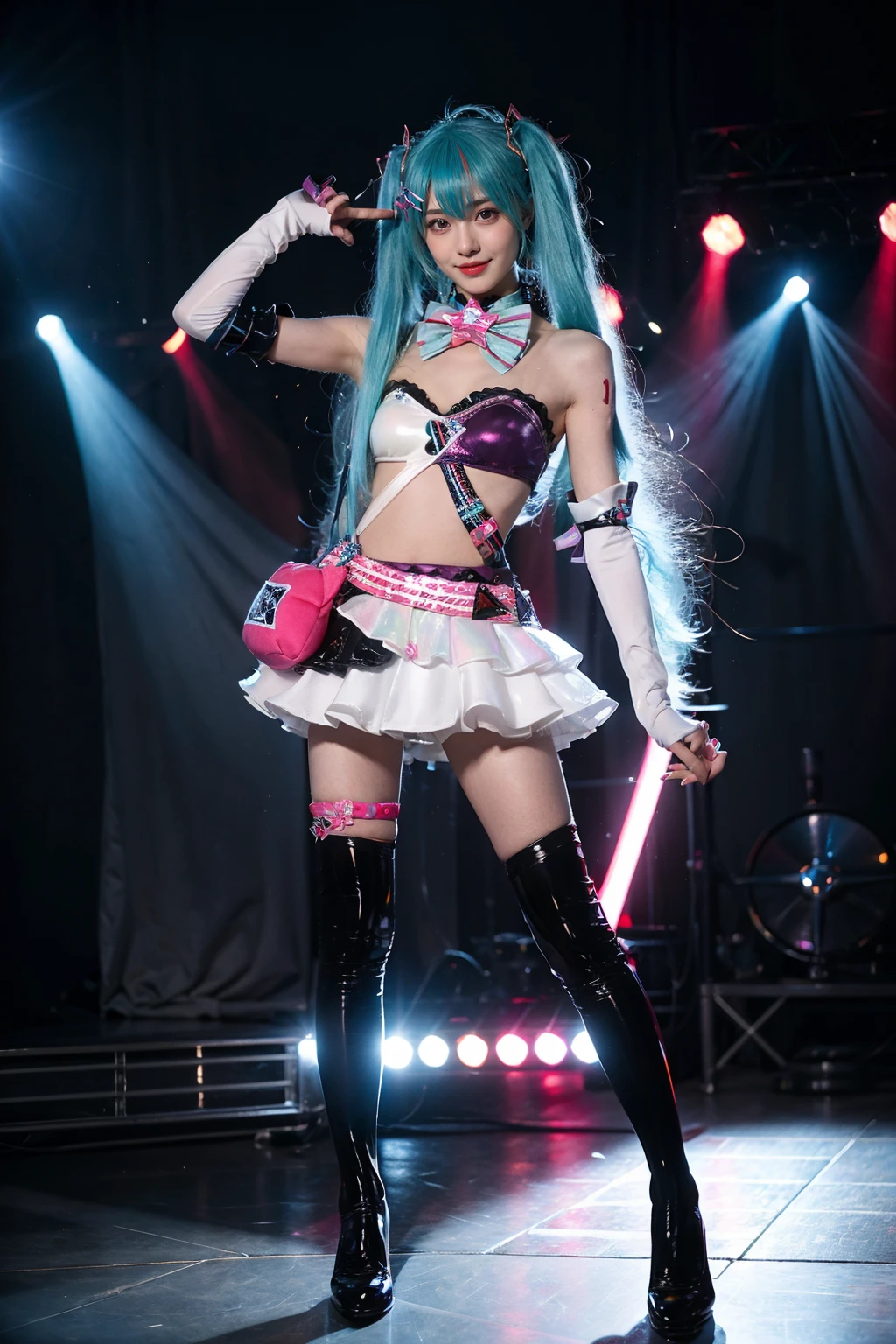 best quality, masterpiece, realistic, photorealistic, 1girl, solo, looking at viewer, smile, standing, full body, dynamic pose, hatsune miku cosplay costume, hatsune miku, cosplay, twintails, aqua hair, long hair, alternate costume, hairclip, hair ornament, tattoo, bra, bowtie, detached collar, detached sleeves, skirt, belt, bag, thigh boots, boots, high heels, stage, spotlight, bands, <lora:miku_cosplay_museDash_v2:0.7>