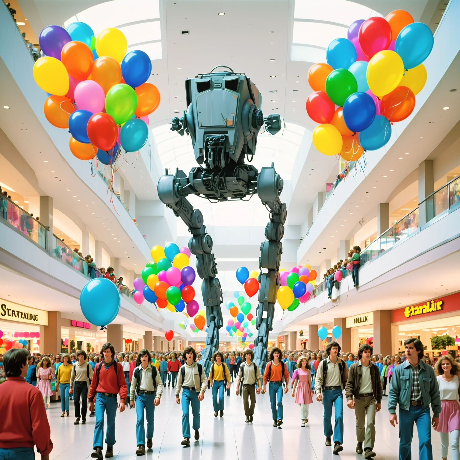 a giant atstwlkr walks through a busy shopping mall with bundles of brightly colored balloons, mall, shopping, crowd, 1980s, bright, 2.5D