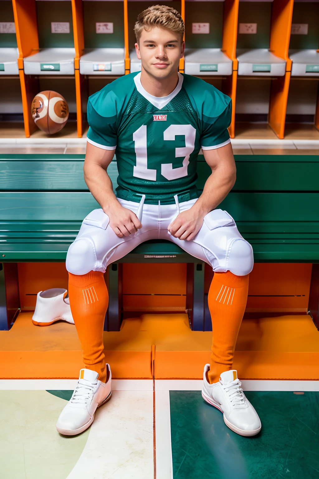 in an American football locker room, sitting on a bench, legs spread open, LarsNorgaard, American football player wearing American football uniform, American football shoulder pads, ((green jersey)), jersey number 12, (white football pants and pads), green socks, black sneakers, slight smile, masterpiece, (((full body portrait))), full body shot  <lora:LarsNorgaard:0.8>