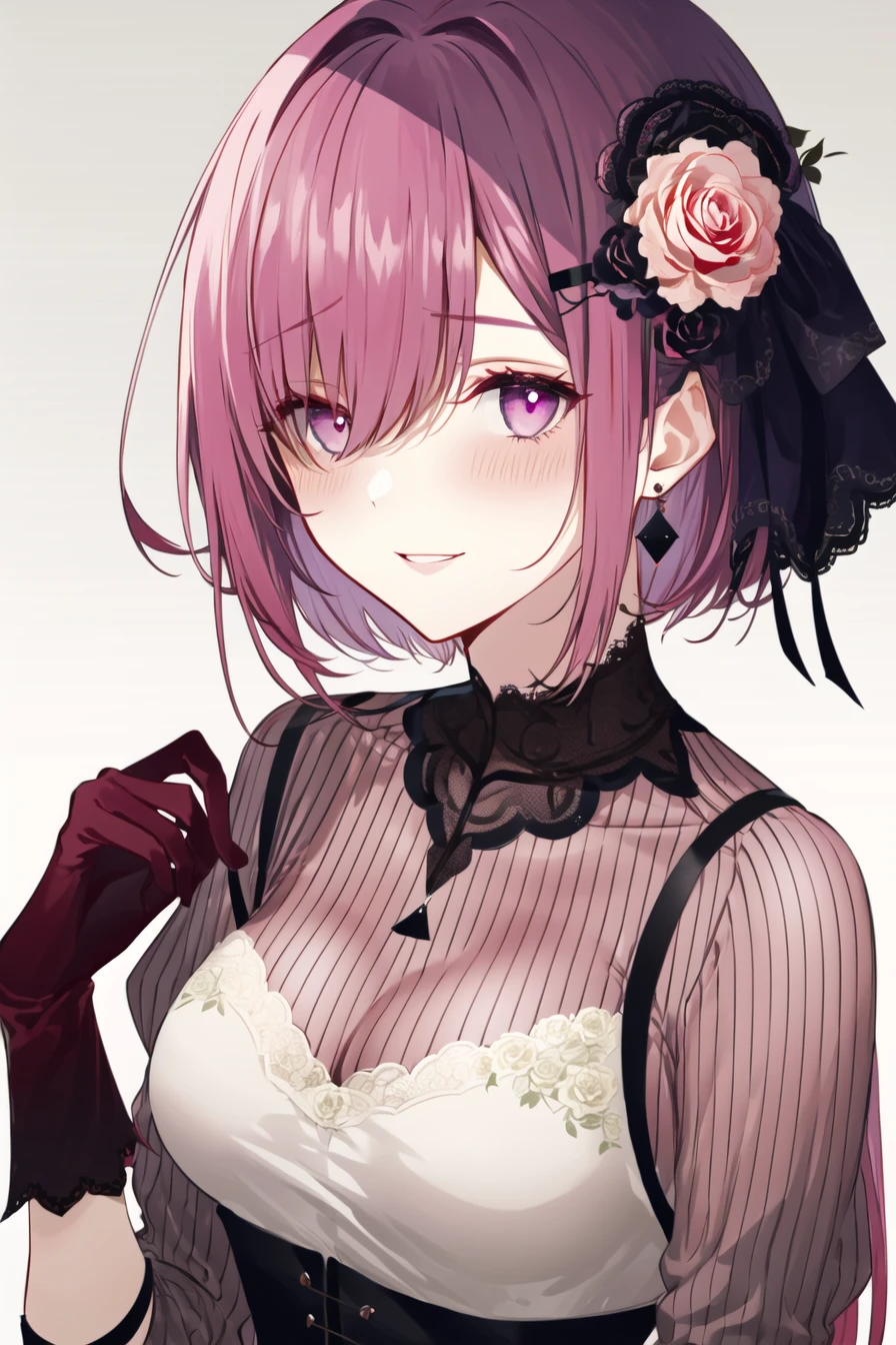 rose, flower, rose_print, floral_print, 1girl, purple_rose, pink_rose, purple_flower, earrings, white_rose, gradient_background, gradient, white_flower, grey_background, jewelry, solo, red_rose, purple_eyes, looking_at_viewer, hair_ornament, pink_flower, short_hair, hair_flower, parted_lips, hair_over_one_eye, breasts, blush, bangs, eyebrows_visible_through_hair, mash_kyrielight, upper_body, lace, lace_gloves, red_flower, gloves, smile, long_sleeves, pink_hair <lora:style_Kazutakewazano:1>