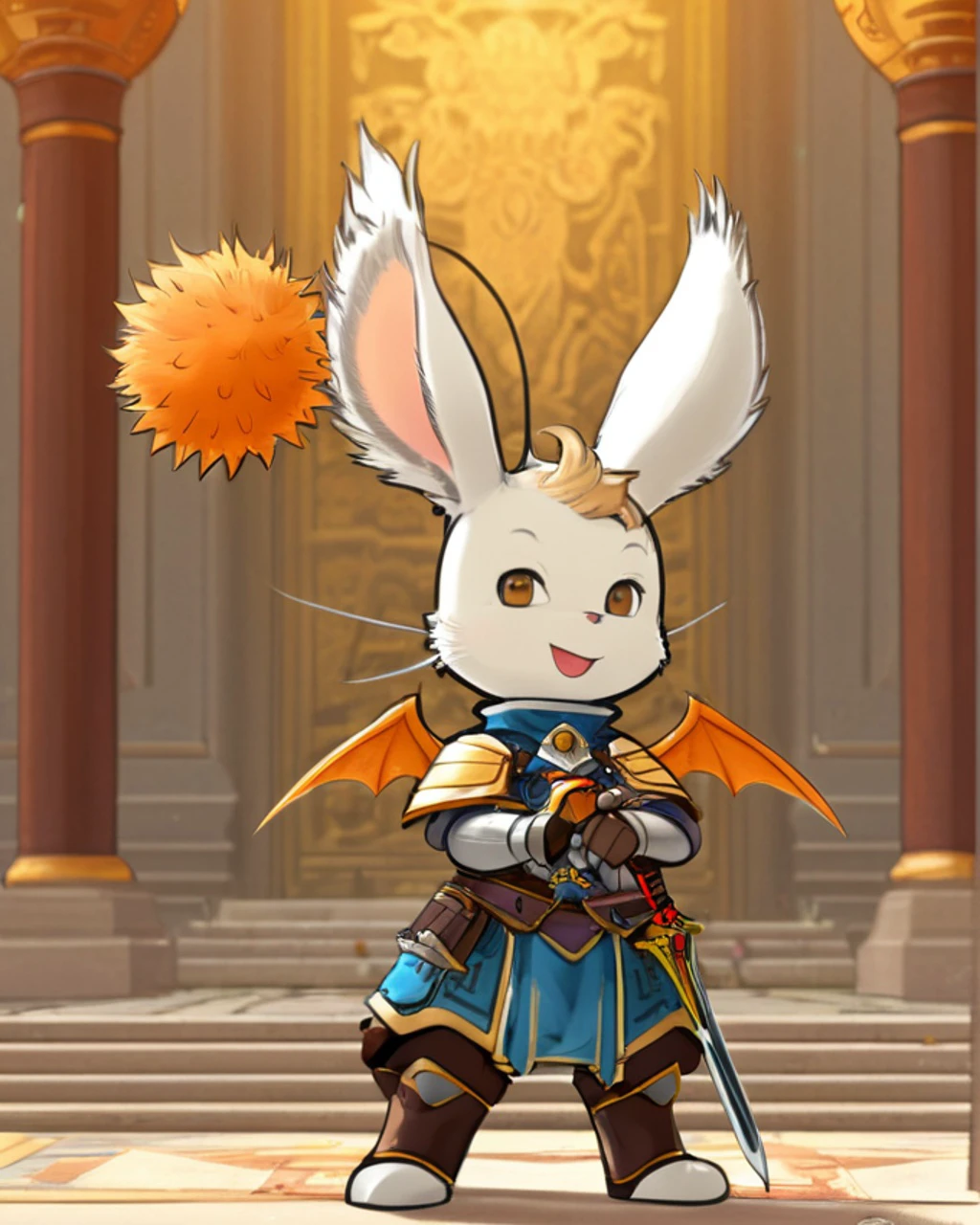 colored lineart of a virtuous moogle paladin, with orange wings and pompom, standing in shining armor, holding a ceremonial sword, in a temple background