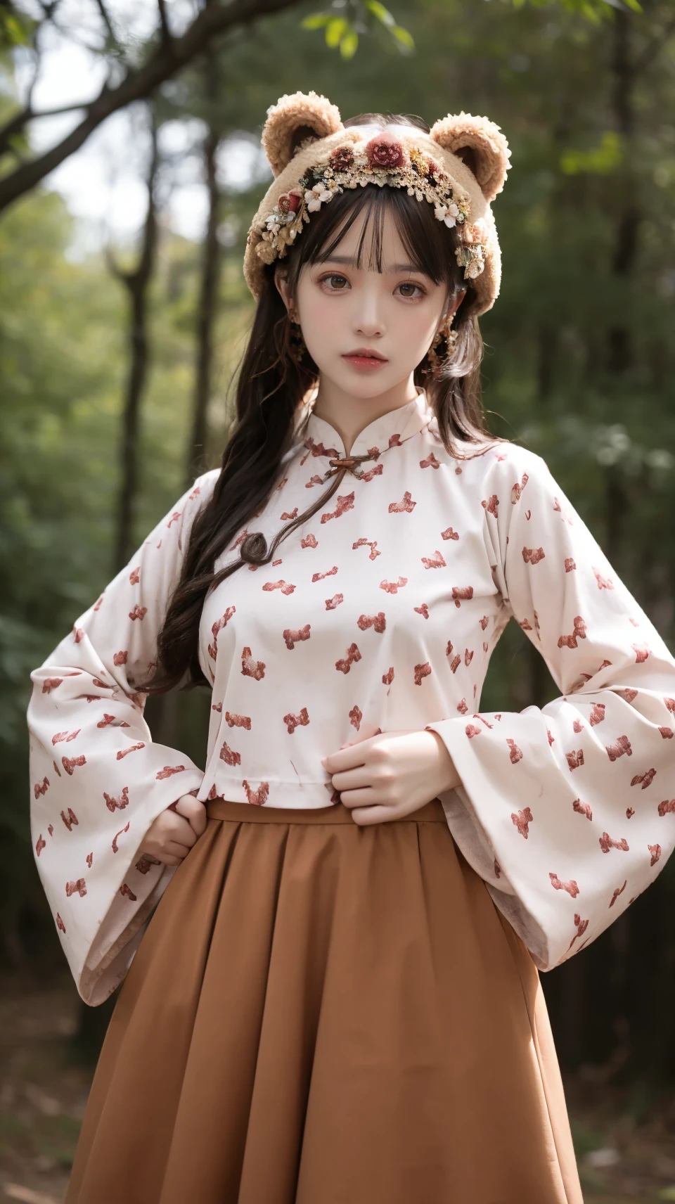 best quality,HDR,UHD,8K,Vivid Colors,solo,photo_,(1girl:1.3),(standing:1.3),(looking at viewer:1.4),Elegant,detailed gorgeous face,(upper body:1.2),bright,(forest background:1.2),(pale skin:1.4),<lora:Twinkle9:0.75>,Twinkle,chinese clothes,bear ears,wide sleeves,sweet print,brown skirt,<lora:Background Detail Enhanced_Si_v3.0:1.5>,