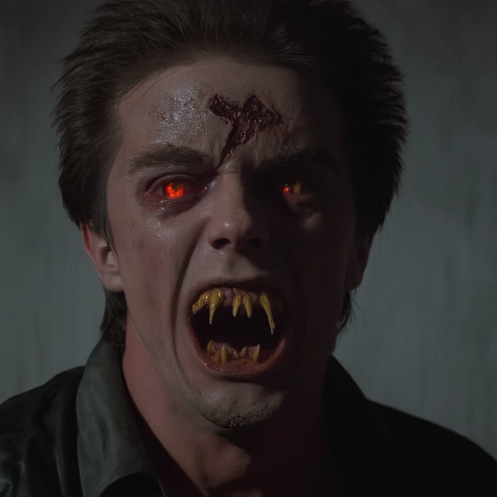 Horror-themed, <lora:Evil Ed:1>
In the 1980's Vampire monster Evil Ed a screaming vampire monster with a scar cross mark on his face forehead and big monster teeth and golden red reflective eyes,Vampire2 a man with a bloody face and a large open mouth,solo,looking at viewer,short hair,open mouth,shirt,1boy,yellow eyes,male focus,teeth,tongue,collared shirt,facial hair,fangs,scar,portrait,scar on face,realistic,horror (theme) , Horror themed, dark themed, Fright Night 1985 style, Eerie, unsettling, dark, spooky, suspenseful, grim, highly detailed