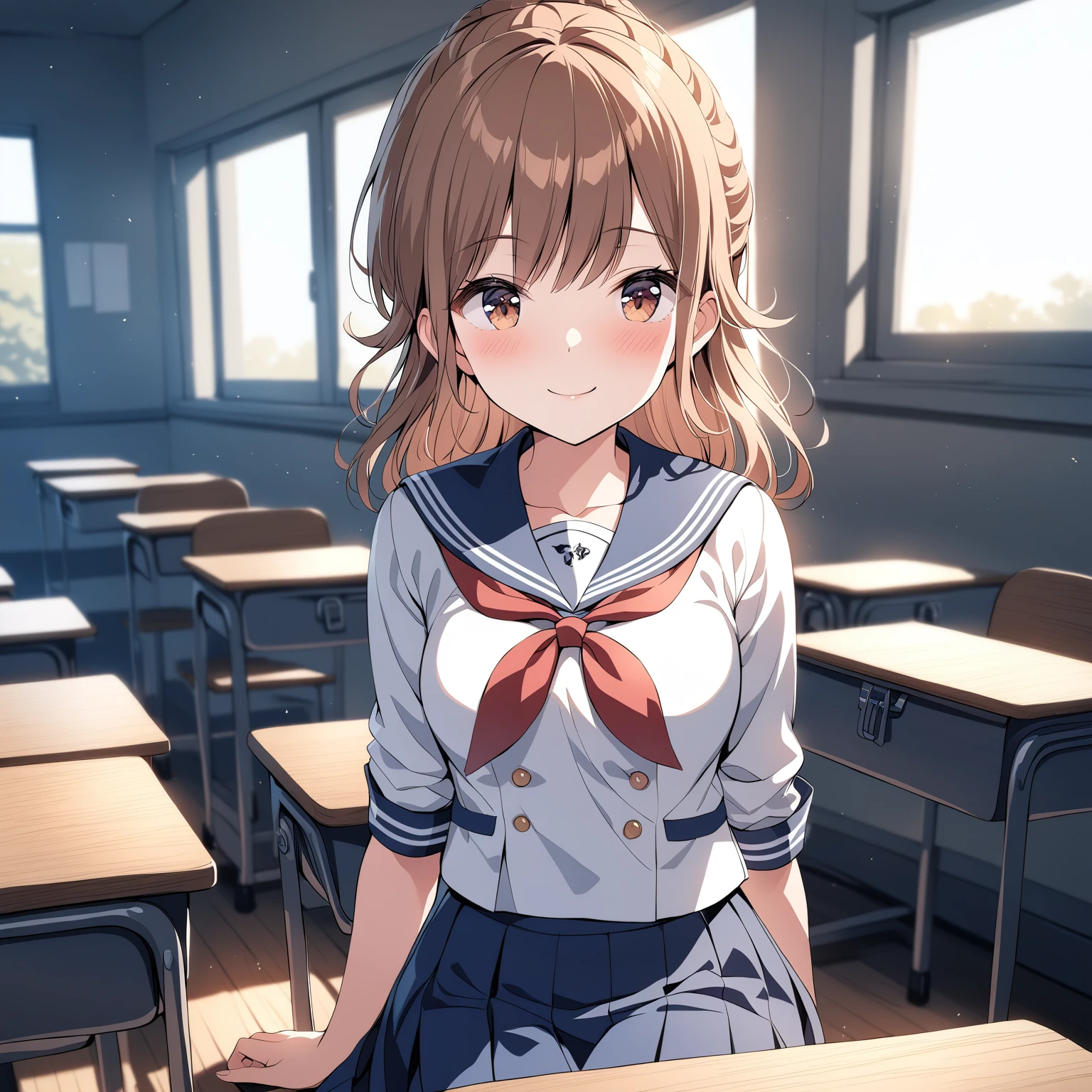 [high quality, best quality], [cinematic], 1girl, solo, hayasaka mei, serafuku, sitting on desk, looking at viewer, closed mouth, smile, blush, classroom, [bloom, hdr], <lora:mei:0.72>