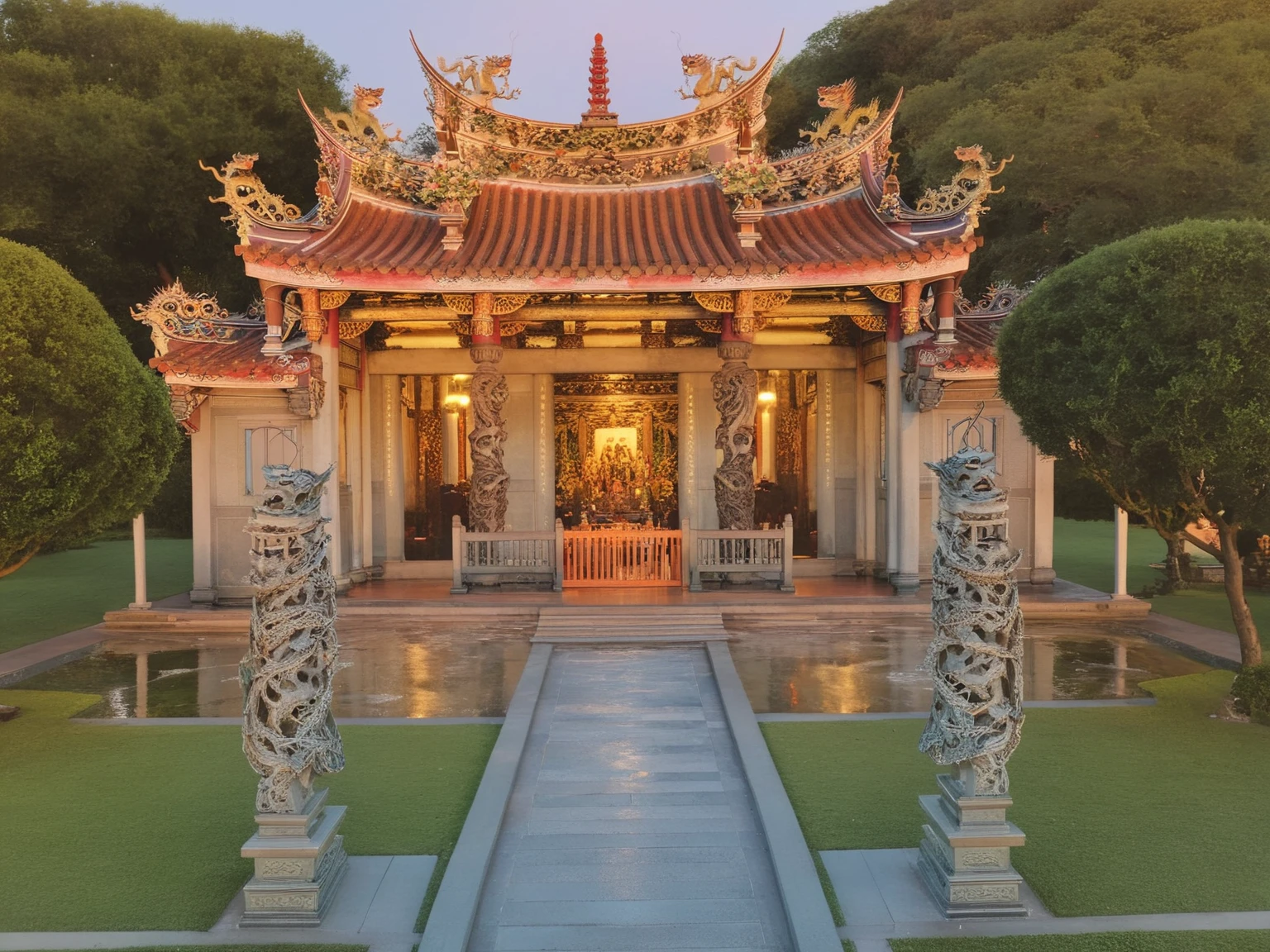 <lora:JJsTaiwanese_Temple_XL:1>, ((Taiwanese Temple)), masterpiece, best quality, scenery, outdoors, building, tree, stair, real world location, grass, bush, door, window, roof, walkway ,dawn, day,water, statue, subject, soft lighting, high quality, column,