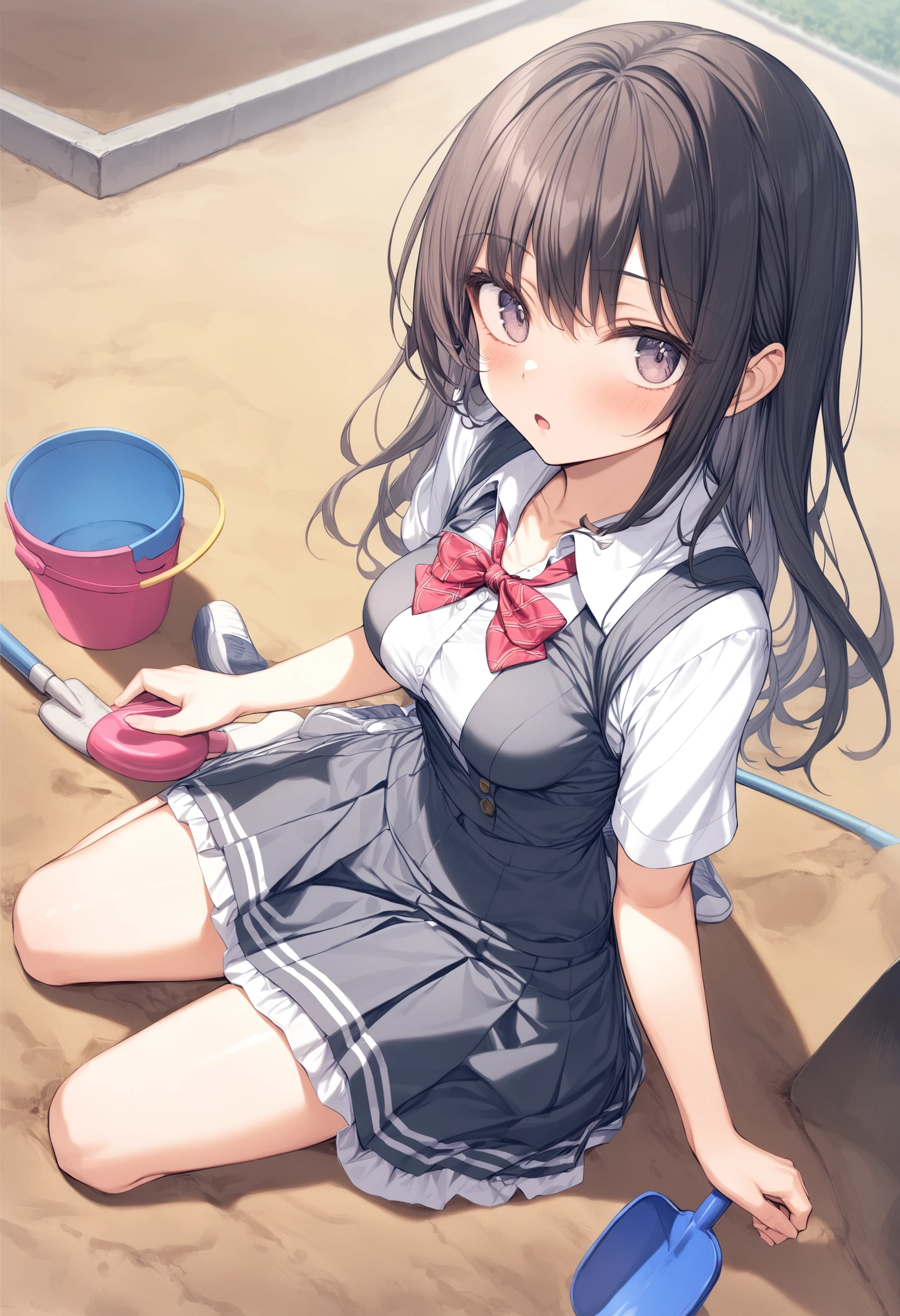 1girl, <lora:sdxl2-flat2-512b:-1>,medium breasts,school uniform,
<lora:sunaba_XL_v1:0.8>,sunaba,outdoors, solo, bucket, shovel, sitting, skirt, day,playground,
from behind, full body, looking back, confused,open mouth,
best quality,medium quality,