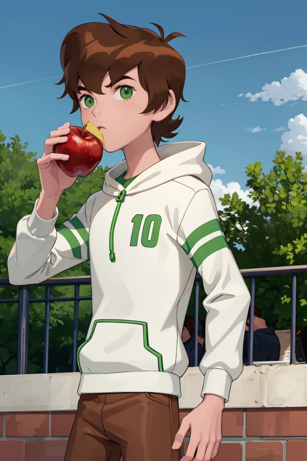 Ben_tennyson,solo,eating,apple,looking at viewer,blue sky,brown hair,green eyes,white hoodie,hoodie,long sleeves,brown pants,masterpiece