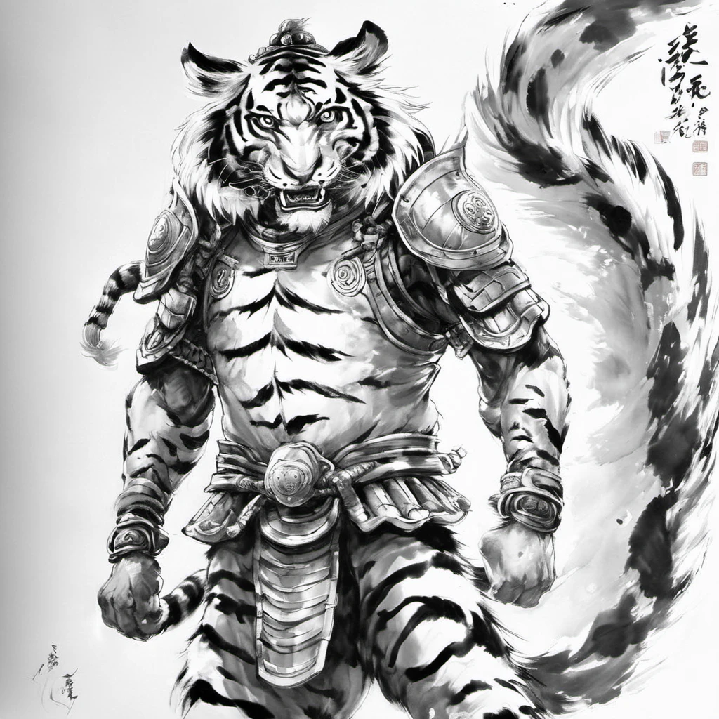 ink-painting,grayscale, monchrome,solo,1boy,male focus,armor,shoulder armor,tail,furry,white background,full body,animal ears,signature,looking at viewer,furry male,pauldrons,japanese armor,simple background,barefoot,pants,facial hair,fangs,tiger,tiger tail,tiger ears,open mouth,teeth,year of the tiger,muscular,<lora:Ath_ink-paintingXL:1>,