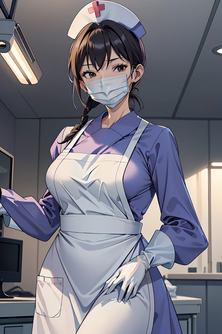 (RAW photo, best quality), 1girl, operating room, overhead surgical light,blurred background, focused,
 <lora:Fubuki Kyouka_GT_V1.0-000006:0.8> fubuki kyouka,
 <lora:Long Apron Nurse v2:0.8> (nurse_long_apron, apron, nurse cap, surgical mask, latex gloves, long sleeves,long dress),