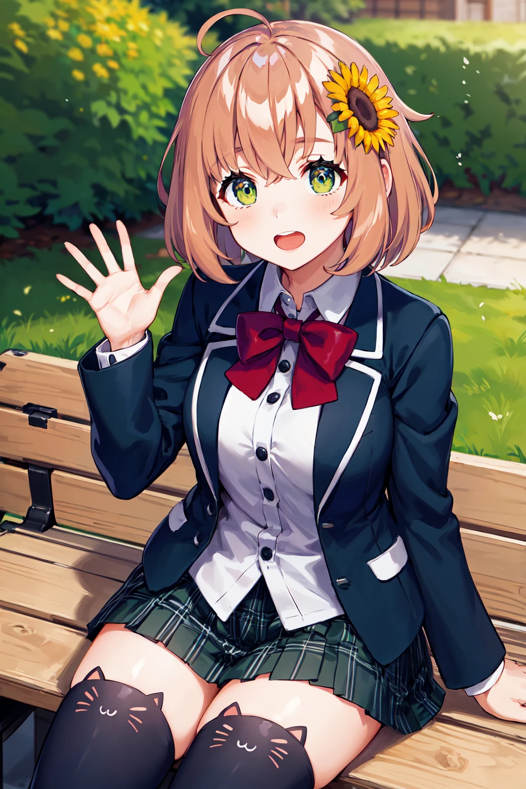 masterpiece, best quality, highres, aahimawari, short hair, ahoge, hair flower, school uniform, red bowtie, collared shirt, blazer, blue jacket, open jacket, long sleeves, plaid skirt, green skirt, black thighhighs, <lora:honma_himawari_v1:0.7>, sitting, bench, waving, open mouth,