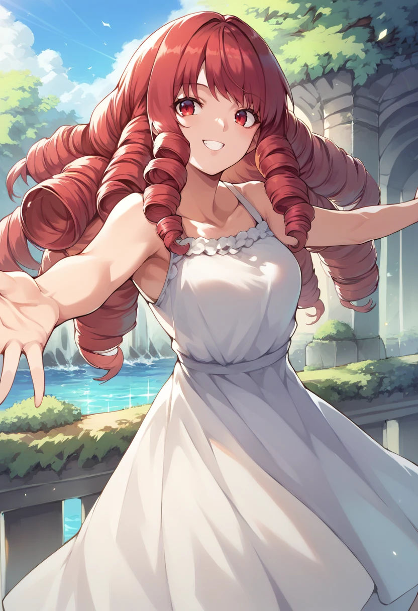 score_9, score_8_up, score_7_up, source_anime, 1girl,red eyes,smile, outdoors, best quality,  red hair, ringlets, outstretched arms, portrait,  white sundress,<lora:Ohland-Style-PonyXL-000040:1>