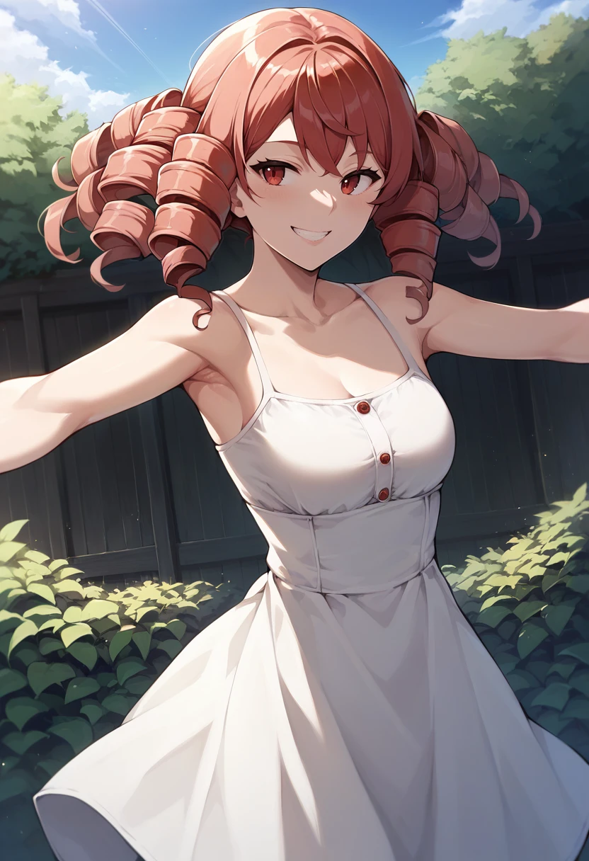score_9, score_8_up, score_7_up, source_anime, 1girl,red eyes,smile, outdoors, best quality, red hair, ringlets, outstretched arms, portrait, white sundress, <lora:Akita-Hika-PonyXL-000020:1>
