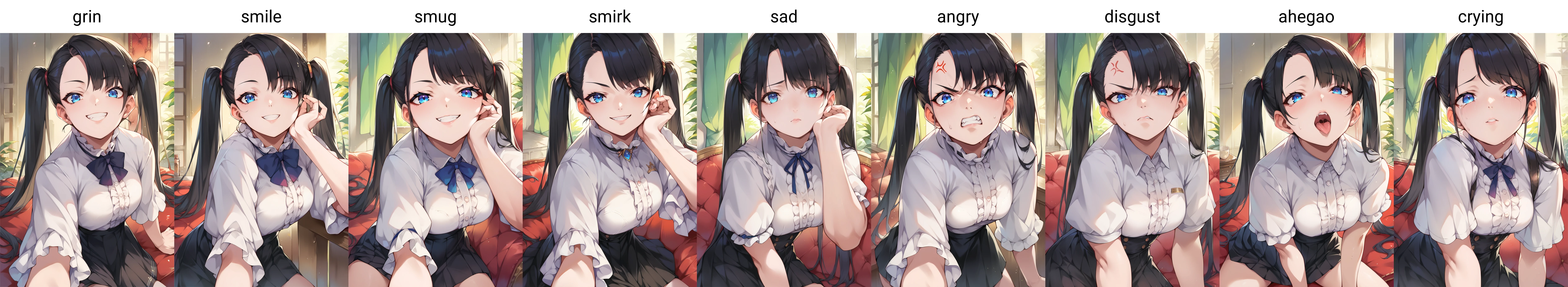 score_9, score_8_up, score_7_up, source_anime, 1girl,blue eyes,twintails, black hair, white blouse,  black skirt, grin,looking at viewer, from front, <lora:Ohland-Style-PonyXL-000040:1>