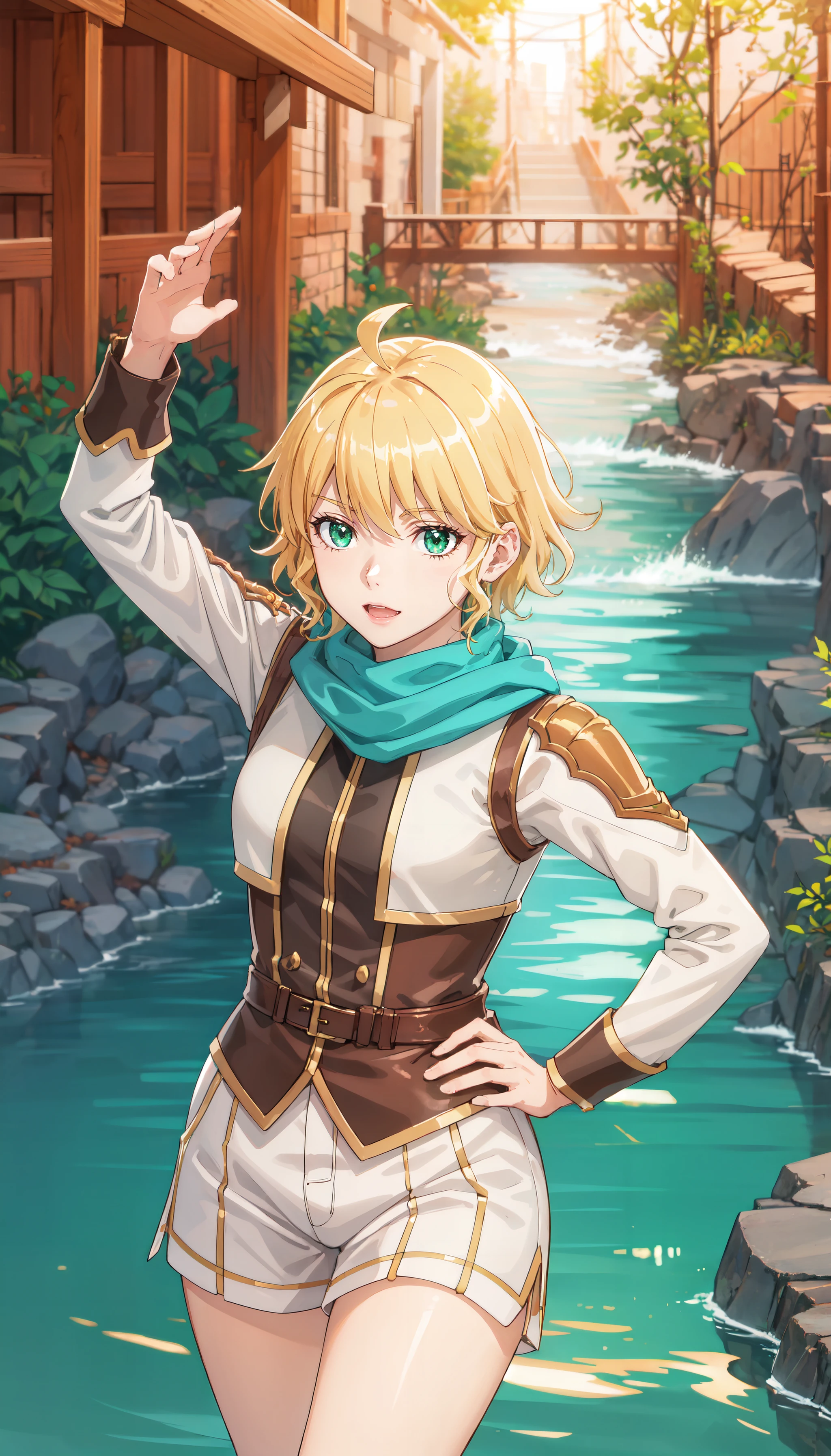 photorealistic, (4k), depth of field, (Masterpiece), (realistic skin texture), extremely detailed, intricate, hyper detailed, professional photography, bokeh, high resolution, sharp detail, best quality, girl, short hair, blonde hair, ahoge, green eyes, teal scarf, white shirt, long sleeves, shorts, <lora:GoodHands-vanilla:0.4>, <lora:detail_slider_v4:0.8> , dynamic pose, (twirling pose), <lora:Yuno Rembrandt:0.8> , waterfall, mist, outdoors, river, sunrise,