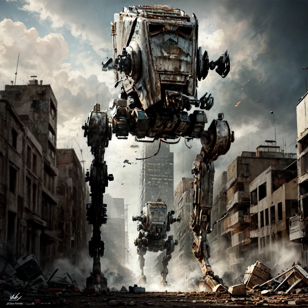 atstwlkr, mecha, standing, ruins, city, rubble, (ultra-detailed), (masterpiece), (best_quality), (cinematic_lighting), (vibrant_colors)