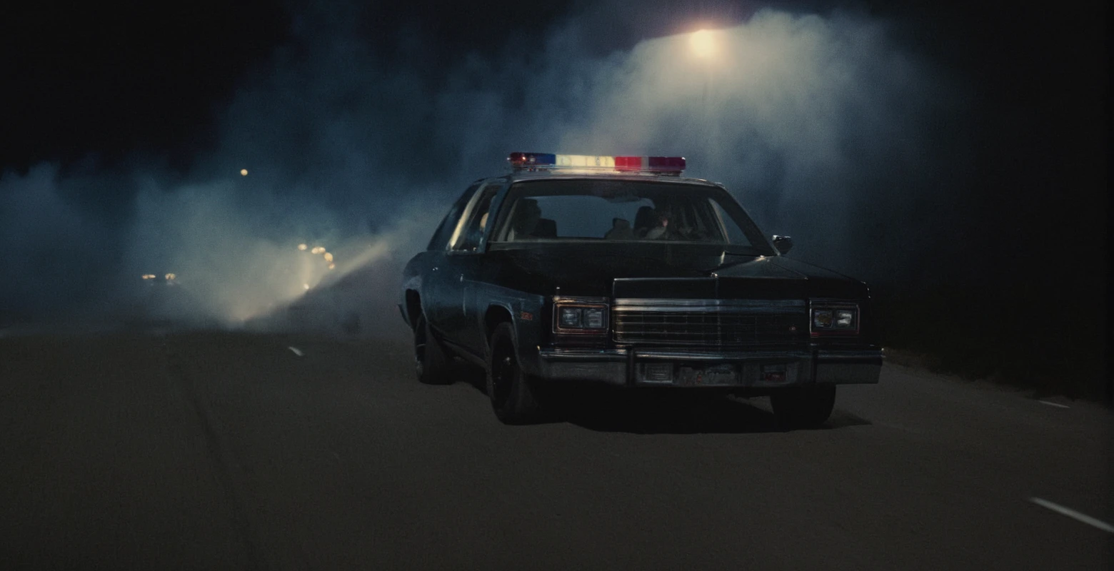 Horror-themed,  <lora:Terminator style:0.9>
In the 1980's a police car and a fire truck driving down a highway,outdoors,no humans,night,ground vehicle,motor vehicle,car,light,road,vehicle focus,street,sports car , horror themed, dark themed, low key light, dramatic light, dramatic shadow light, contrast, cinematic color, cinematic look, filmic, realistic, realism, perfection, perfect, Kodak, Kodak film, movie still, Terminator style, The Terminator 1984 Film style, Eerie, unsettling, dark, spooky, suspenseful, grim, highly detailed