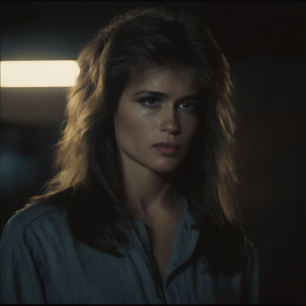 cinematic film still of <lora:Terminator style:0.8>
In the 1980's Sarah Connor a profile pose of a very beautiful woman with a very long hair posing for a picture,1girl,solo,brown hair,nude,lips,border,freckles,realistic,black border , horror themed, dark themed, low key light, dramatic light, dramatic shadow light, contrast, cinematic color, cinematic look, filmic, realistic, realism, perfection, perfect, Kodak, Kodak film, movie still, Terminator style, The Terminator 1984 Film style, shallow depth of field, vignette, highly detailed, high budget, bokeh, cinemascope, moody, epic, gorgeous, film grain, grainy