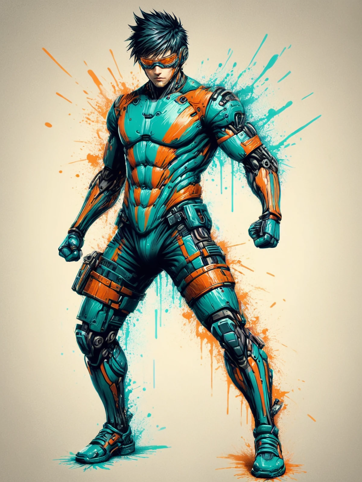 man, mad-cbrpnksplshrt, dynamic pose<lora:Splash_Art_SDXL:1.2> striped background, teal background, (masterpiece:1.2), best quality