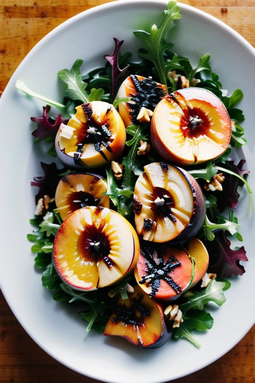 (fresh fruit:1,ripe,healthy:1,scene:1.5,realistic,hdr,photoreal,dish,mockup,scene creator),Grilled Peach and Arugula Salad: Grilled peaches served over a bed of peppery arugula, drizzled with balsamic glaze and sprinkled with toasted walnuts.