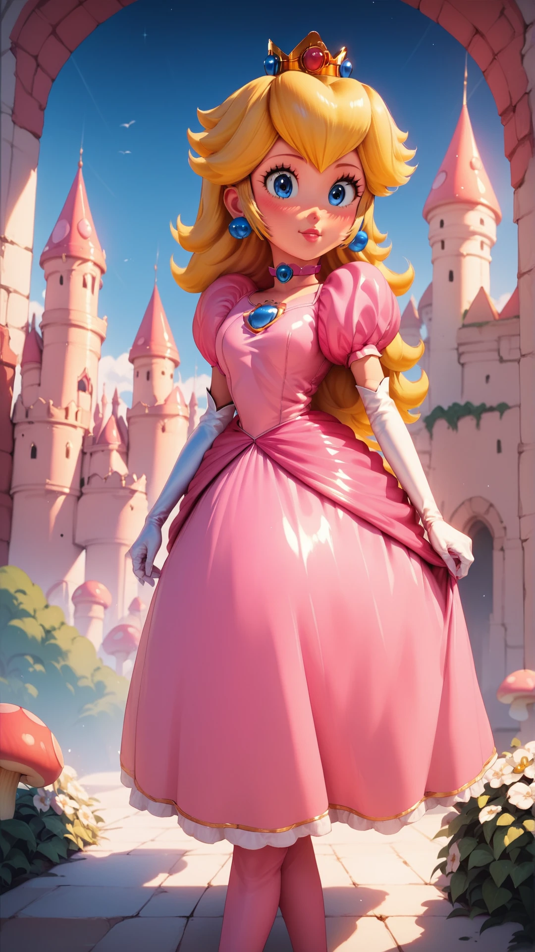 score_9,score_8_up,score_7_up,score_6_up,score_5_up,score_4_up BREAK source_anime,<lora:Princess_Peach_Shiny_Style-000009:1>,1girl,standing,blush,princess peach,shiny skin,blonde hair,skinny,blue eyes,crown,gloves,choker,outdoors,castle,bloom,pink dress,pose,