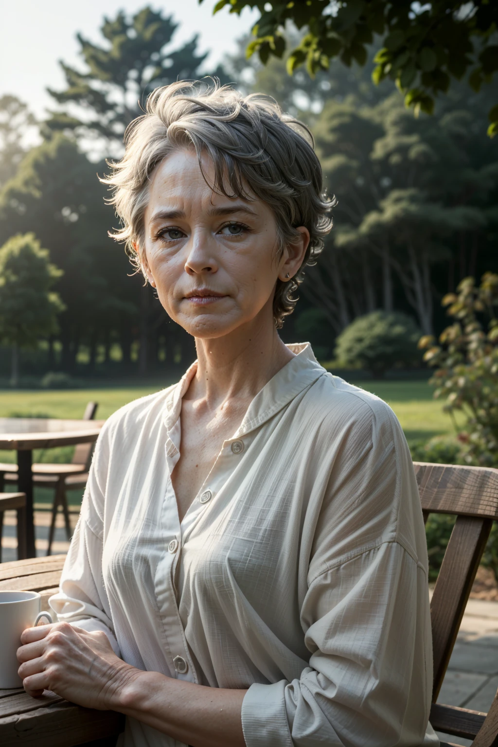 ((ultra detailed, masterpiece, absurdres))
<lora:TWDCarol:0.8>
TWDCarol, short hair, grey hair, cafe terrace, morning, peaceful and serene with soft morning sunlight