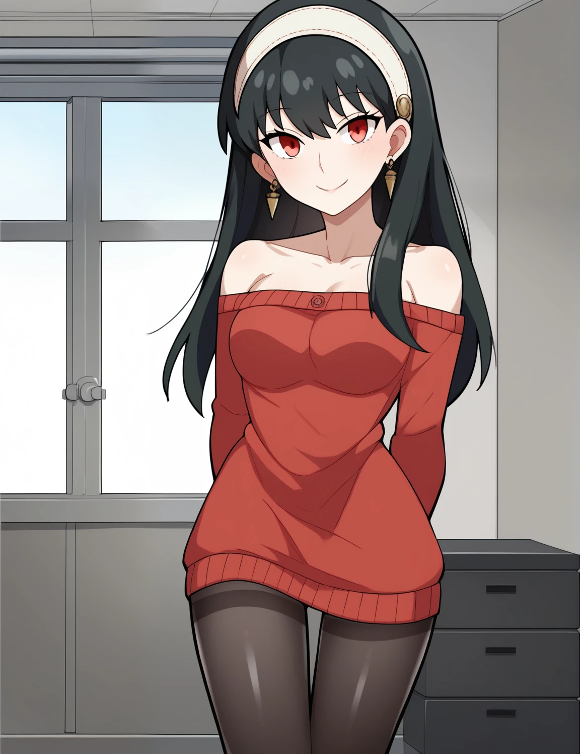 score_4, score_5, score_6, score_9, score_8_up, score_7_up, 1girl, <lora:hospital_king_style:1>, hospital_king_style, yor briar from spy x family, long hair, hair band, black hair, earrings, red eyes, bare shoulders, red sweater, dress, black pantyhose, standing, cowboy shot, looking at viewer, smile, arms behind back, room, indoors, window, natural light