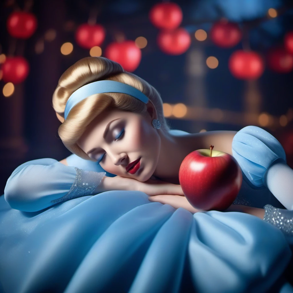 cinematic photo a cinderella asleep, red apple<lora:Cinderella1024:0.8> . 35mm photograph, film, bokeh, professional, 4k, highly detailed