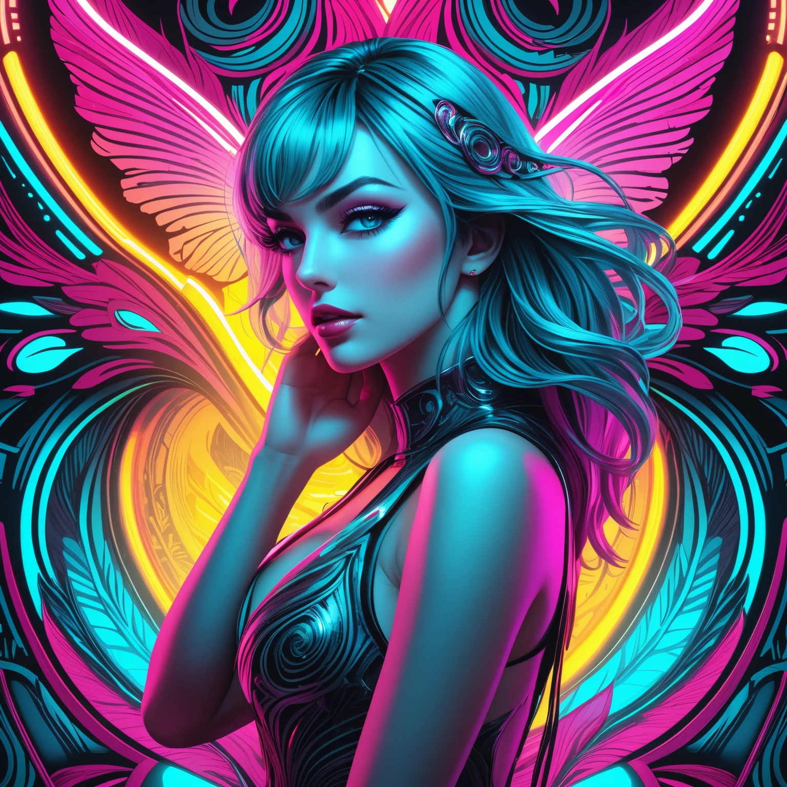thighs up masterpiece, RAW, ((((masterpiece)), photorealistic)), professionally detailed, ultra-high detail, sharp, insanely detailed, hyperrealism, pinkblack, woman in the style of aaron horkey, Digital art, lineart made of bright neon lights, teal, <lora:quality1:1> woman in the style of aaron horkey, in the style of tom whalen, Digital art, lineart made of bright neon lights, teal, magenta, neon_yellow, (masterpiece:1.2), best quality, (hyperdetailed, highest detailed:1.2) , high resolution textures, (ethereal glow:1.1), professional, highly detailed, piercing eyes,
