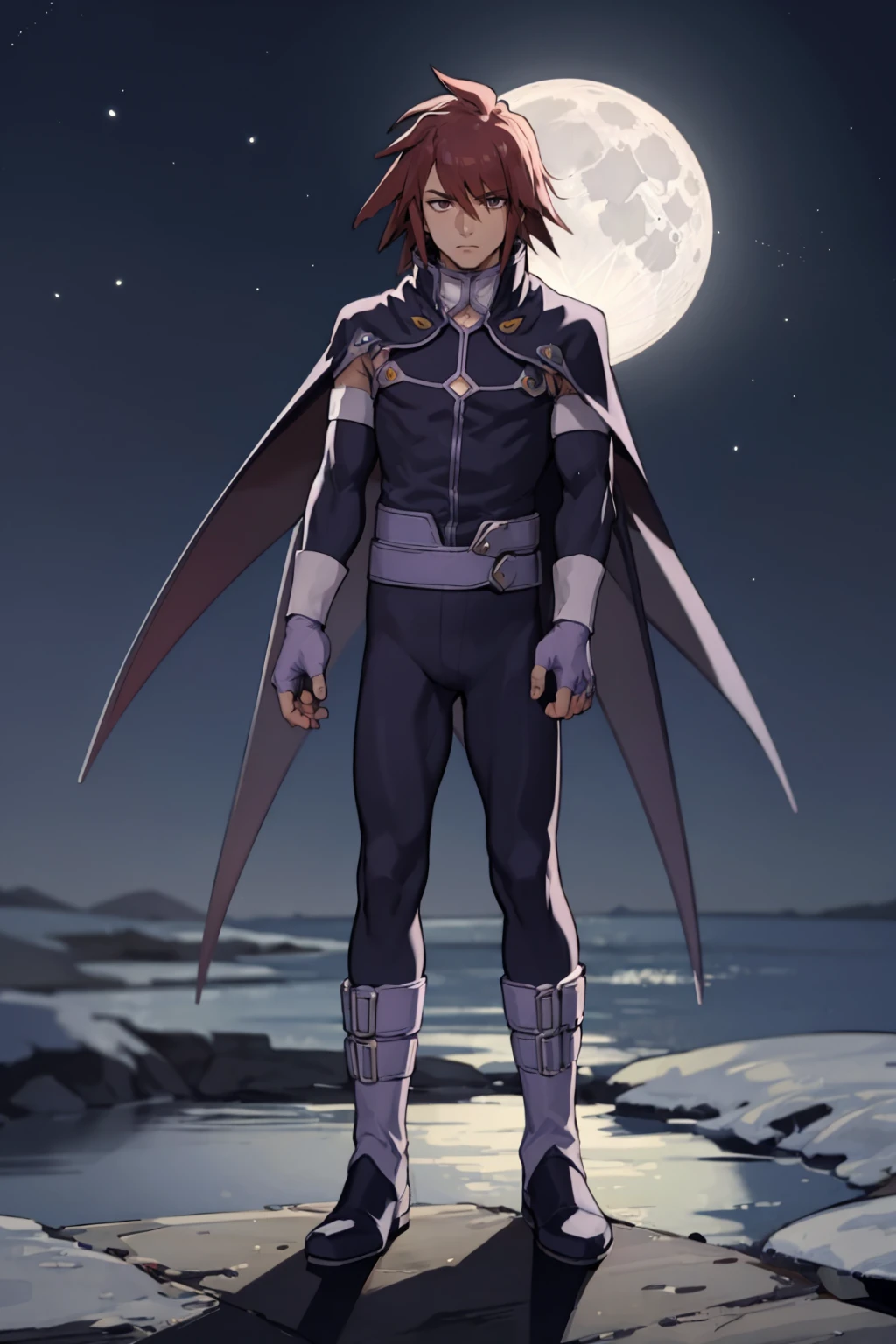 (masterpiece, best quality:1.2), full body, 1boy, solo, expressionless, <lora:KratosToS:0.9> kratosToS, fingerless gloves, detached sleeves, cape, boots, night sky, full moon