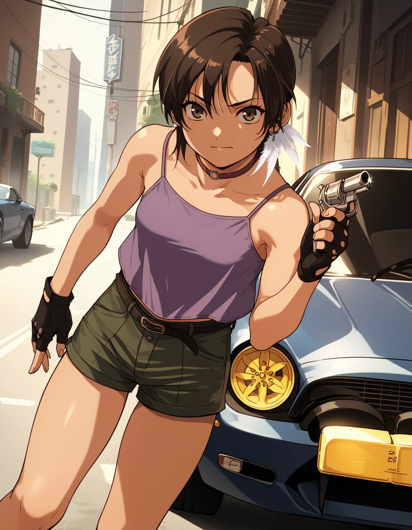 score_9, score_8_up, score_7_up, score_6_up, score_5_up, score_4_up, source_anime,
<lora:exd-lisa-ponyxl-000020:1>
exdlsa, brown eyes, feather earrings, choker, fingerless gloves, purple camisole, shorts, belt,
1girl, revolver, trigger discipline, parking garage