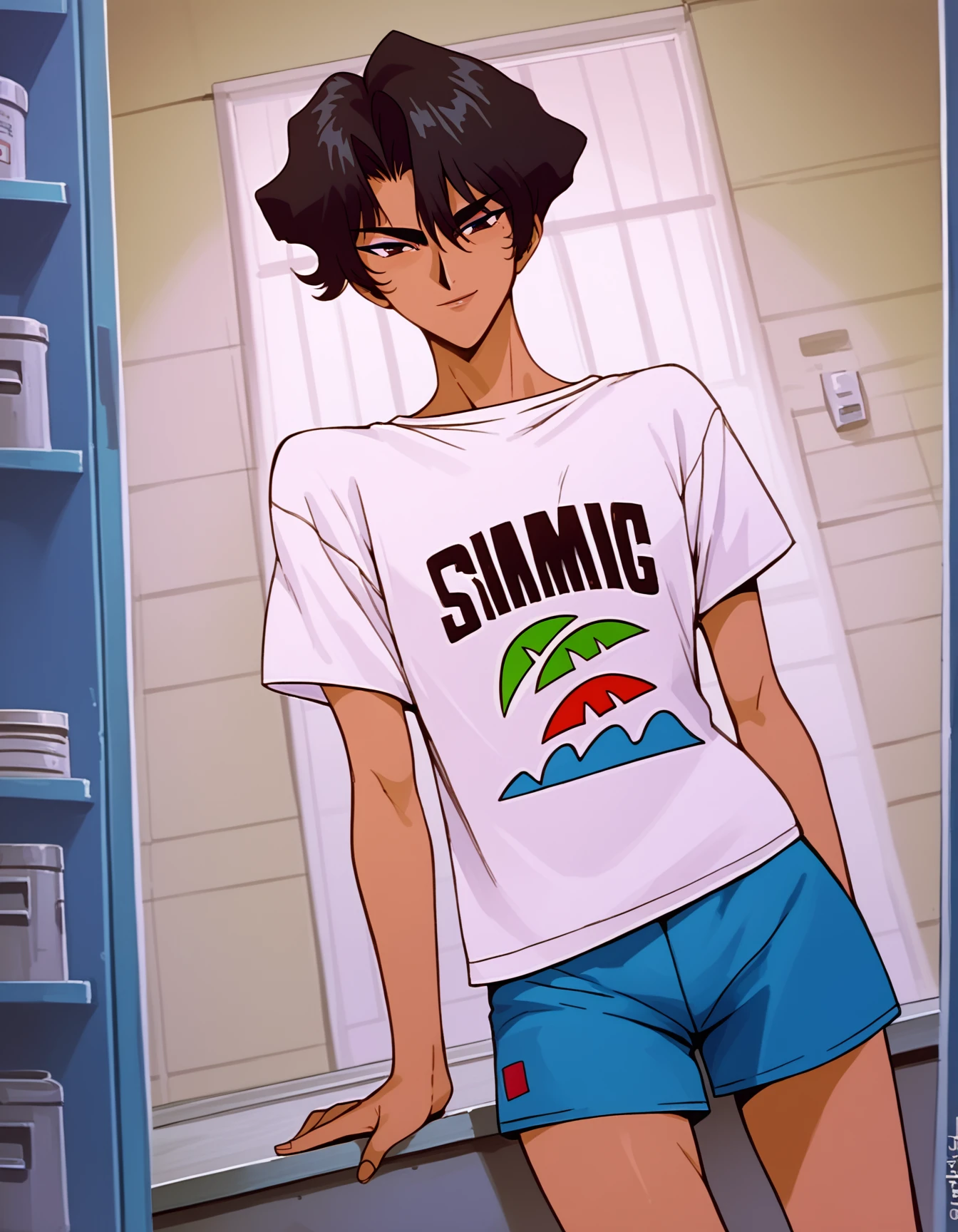 score_9, score_8_up, score_7_up, score_6_up, score_5_up, score_4_up, source_anime,
<lora:golden-boy-ponyxl-000025:1>
hayami ayuko, white shirt, short sleeves, print shirt,
1girl, solo, smirk, locker room