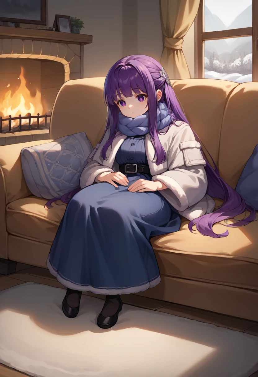 score_9, score_8_up, source_anime, 1girl, solo, FernWinter, purple eyes, purple hair, long hair, half updo, hair ornament, blue scarf, dark blue dress, white jacket, fur-trim, cropped jacket, black belt, sitting, on couch, indoors, fireplace, sleeping, full body, <lora:CHAR-FernPonyXL:1>
