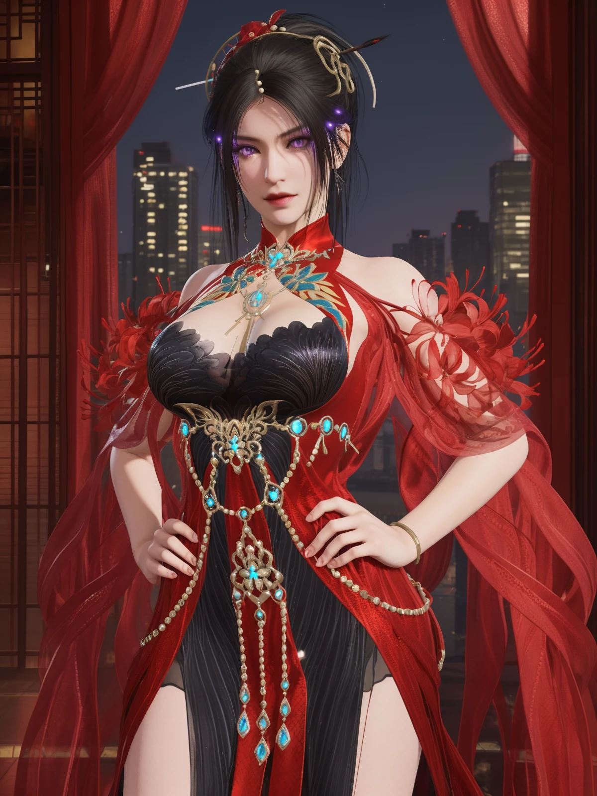 YJWJninghongyeCHXX, 1girl, dress, solo, black hair, jewelry, hair ornament, flower, purple eyes,looking at viewer, clothing cutout, cleavage cutout,cityscape, night, <lora:YJWJninghongyeCHXX:0.75>,cowboy shot,hand on hip,