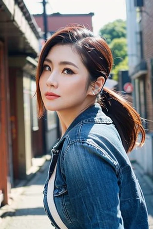 Best quality,masterpiece,ultra high res,(photorealistic:1.4),1girl,low key,slim body,japanese street alley,dynamic pose,face closeup,<lora:selina_ren:1>,makeup,