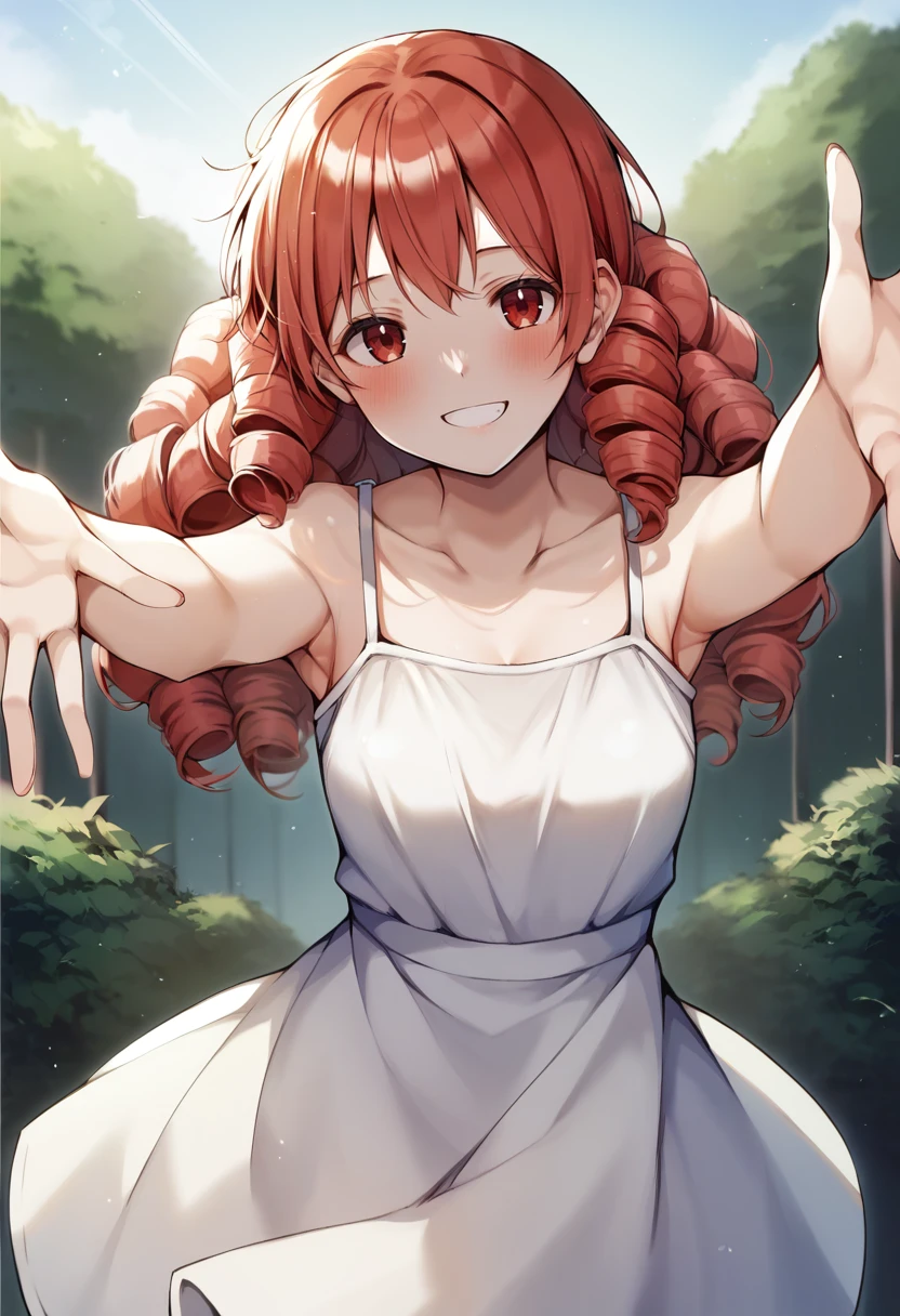 score_9, score_8_up, score_7_up, source_anime, 1girl,red eyes,smile, outdoors, best quality, red hair, ringlets, outstretched arms, portrait, white sundress, <lora:Rouka-Style-PonyXL-000030:1>