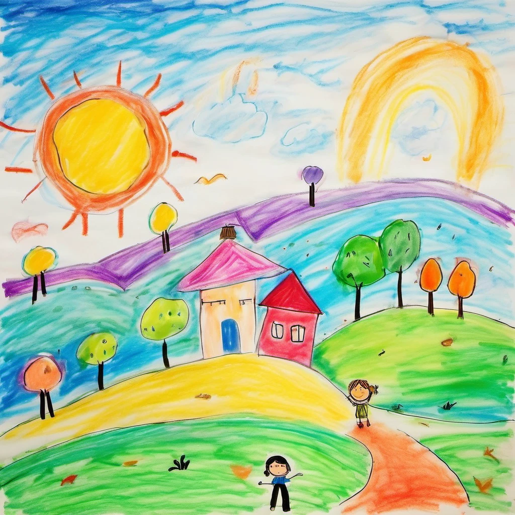 children-drawing, colorful, hand-drawn picture, artistic landscape, scene, hill, house on top, smaller house, slope, sun, sky, houses, vibrant atmosphere, trees, depth, detail, overall composition, person, picturesque setting, view, daily activities<lora:Ath_children-drawing_XL:1>,