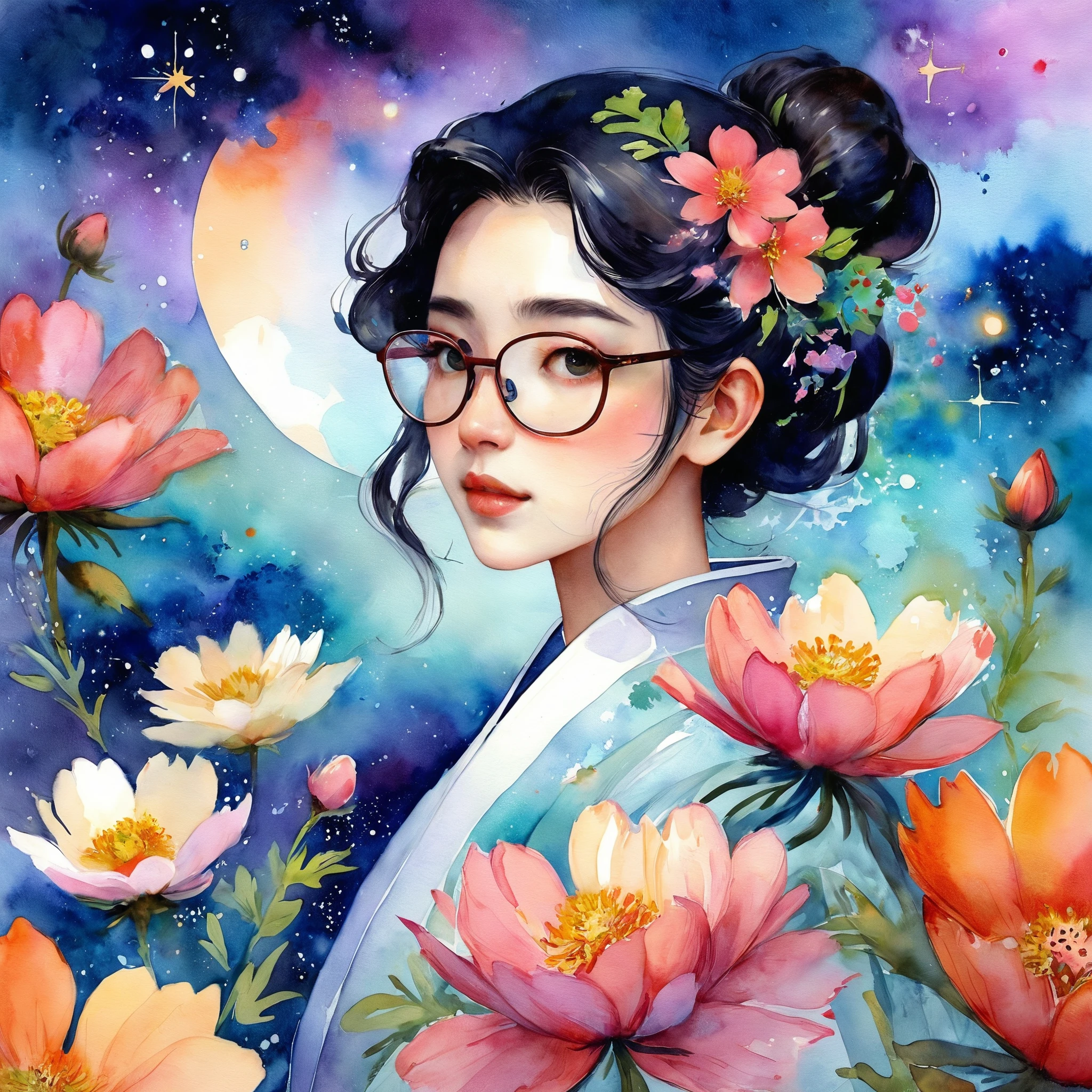 watercolor style painting of a Japanese woman with glasses with braids holding a cosmos flower, score_9, score_8_up, score_7_up, score_6_up, score_5_up, score_4_up