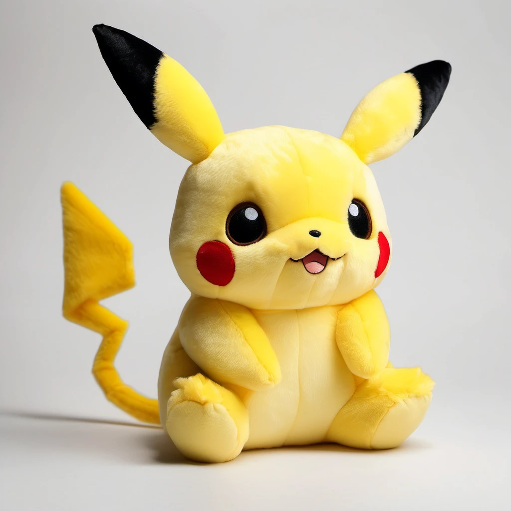 <lora:stuffed-toy_XL:1>,stuffed-toy,pikachu, no humans, pokemon \(creature\), solo, white background, simple background, :3, sitting, full body, looking at viewer, realistic, black eyes, yellow theme