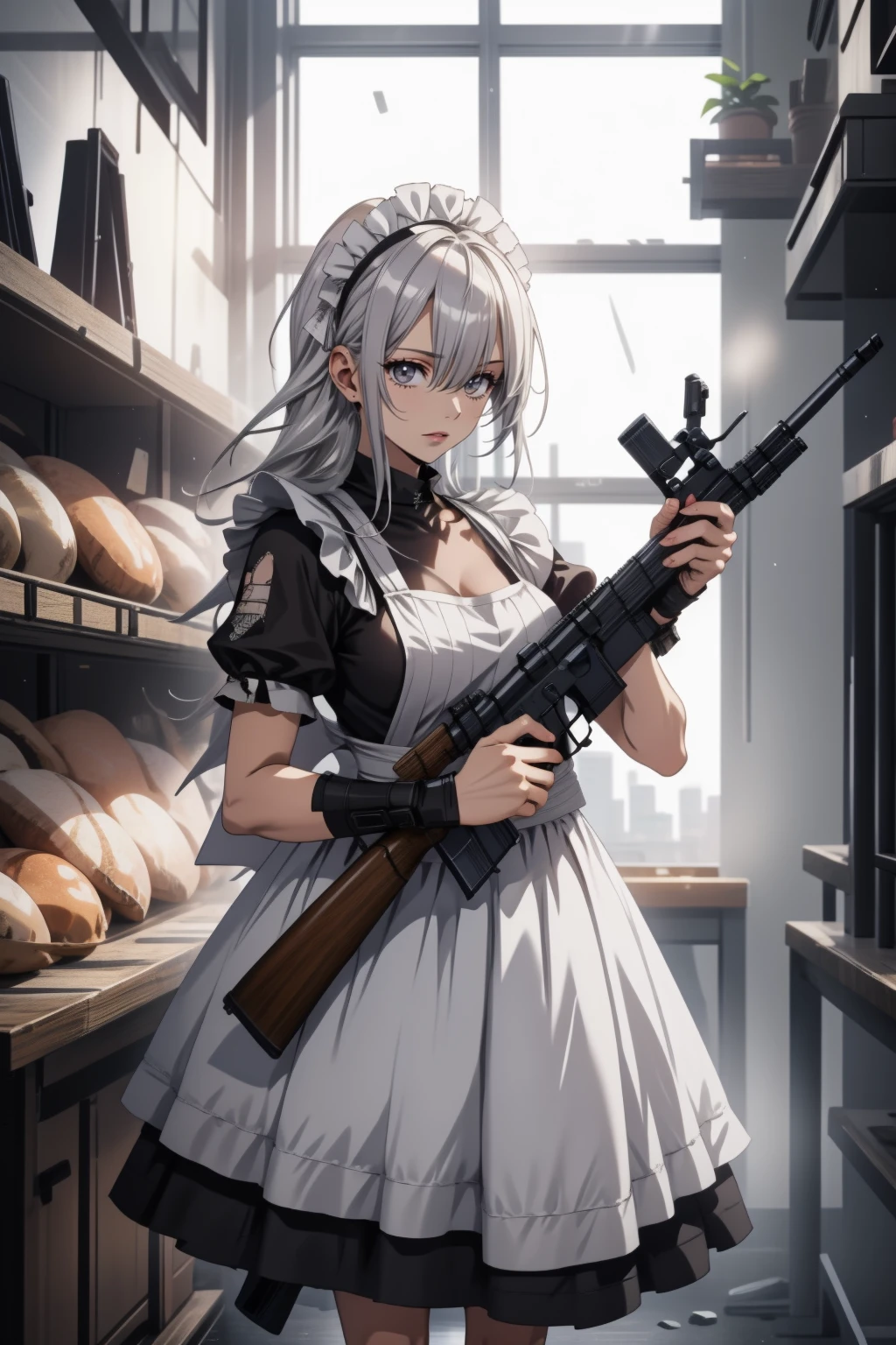 1 maid girl holding gun, rifle, ak47, headdress, black one piece dress , white apron