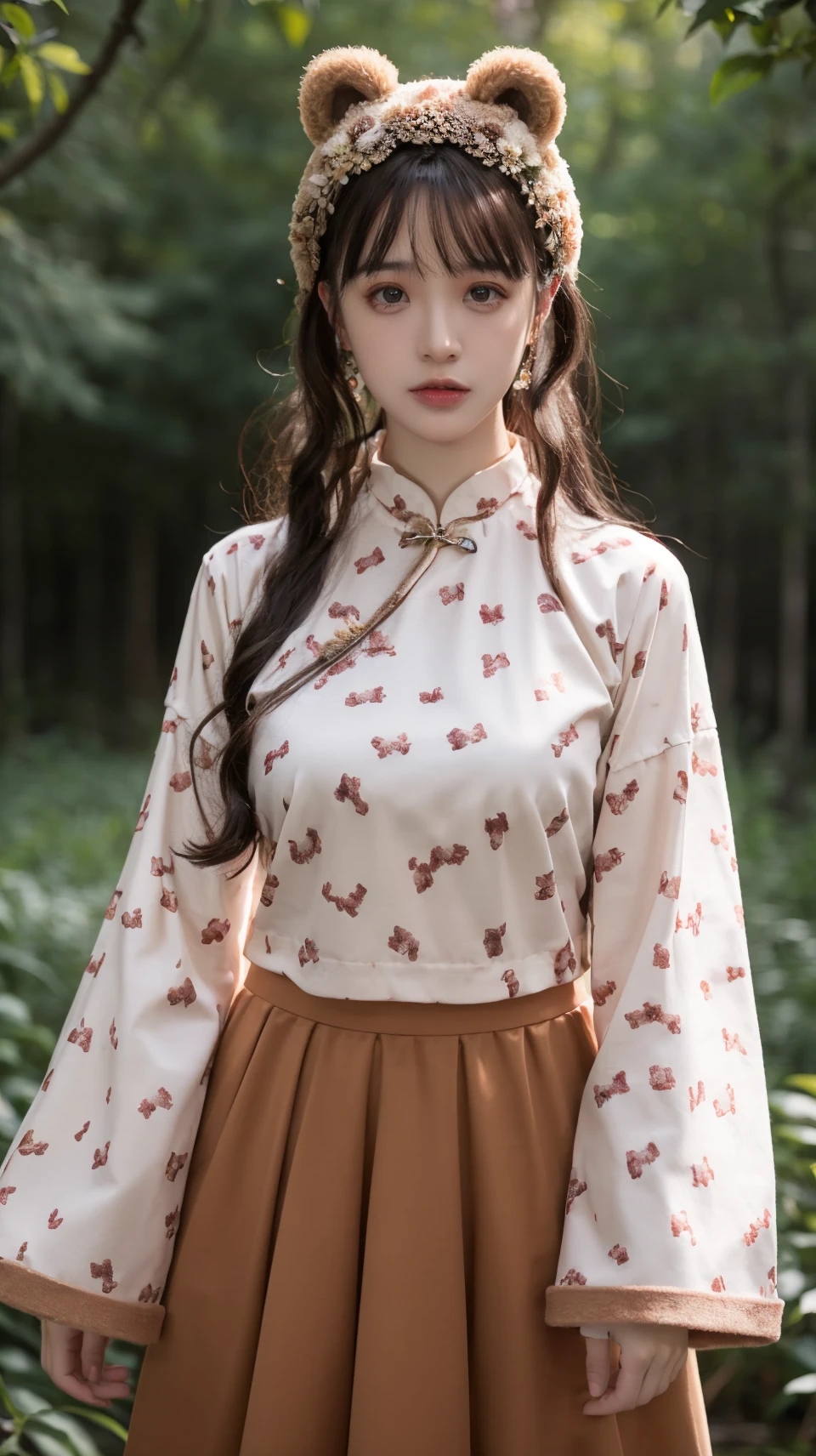 best quality,HDR,UHD,8K,Vivid Colors,solo,photo_,(1girl:1.3),(standing:1.3),(looking at viewer:1.4),Elegant,detailed gorgeous face,(upper body:1.2),bright,(forest background:1.2),(pale skin:1.4),<lora:Twinkle9:0.75>,Twinkle,chinese clothes,bear ears,wide sleeves,sweet print,brown skirt,<lora:Background Detail Enhanced_Si_v3.0:1.5>,
