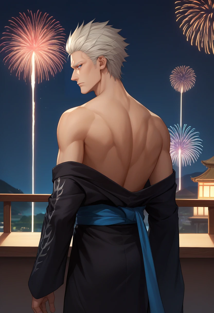 score_9, score_8_up, score_7_up, source_anime, from behind, solo, male focus, 1boy, dmc5vergil, expressionless, looking back, black kimono, off shoulder, blue sash, bare shoulders, fireworks <lora:dmc5_vergil_ponyXL-000005:1>