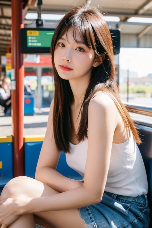 RAW photo, best quality, high resolution, masterpiece, photorealistic, professional photography, sharp focus, HDR, 8K resolution, intricate detail, sophisticated detail, depth of field, extremely detailed CG unity 8k wallpaper
,best quality, high resolution, masterpiece, sharp focus, HDR, 8K resolution, intricate detail, sophisticated detail, depth of field, extremely detailed CG unity 8k wallpaper
 <lora:YQ-v4:0.8> face, 1girl, yq, solo, looking_at_viewer, realistic, bangs
(a girl sitting in bus station:1.3) , people in background,sunlight, cowboy shot,train pass through in background
<lora:FilmGirl4:0.7>flim like