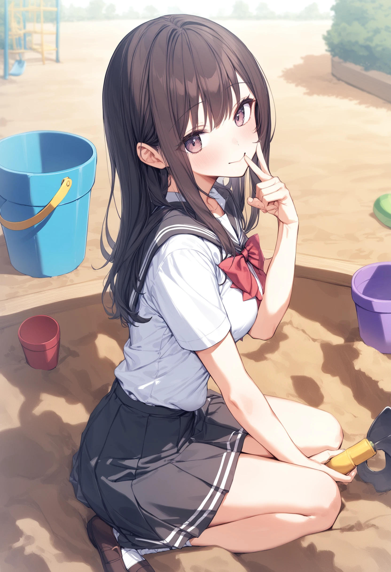 Short Bob Hair, (Black Hair:1.2), X Hair Ornament, Red eyes,tie, girl,One person, Collared shirt, White shirt, Short sleeve, Pleated skirt, student, Highest quality, masterpiece, High resolution, summer,Playing the bongos、