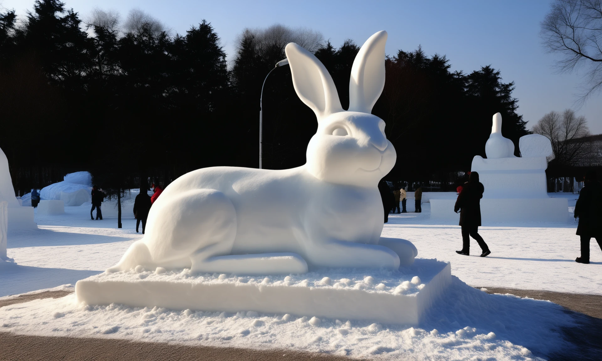 <lora:snowsculpturecd_xl-000006:0.8>,a snow sculpture of a hare made of snowsculpturecd_xl sitting on snowfield,snowsculpturecd_xl body,snowsculpturecd_xl face,winter,midday,solo,outdoors,in park,blue sky,there were a lot of people watching in the distance,chinese zodiac,cute and lovely,still life,from front,looking at viewer,close-up,full body,no humans,fine art,detailed,hi-res photo, emotional,harmonious,high budget,moody,epic,gorgeous,perfect lighting,realistic,photorealistic,photographic,photo (medium),real,moody lighting,volumetric lighting,reality ray tracing,8K,HDR,UHD,masterpiece,best quality,highly detailed,high resolution,finely detail,extremely detailed,ultra detailed,wallpaper