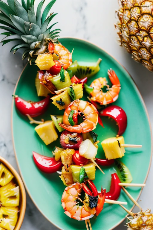 (fresh fruit:1,ripe,healthy:1,scene:1.5,realistic,hdr,photoreal,dish,mockup,scene creator),Pineapple Shrimp Skewers: Succulent shrimp marinated in a pineapple-infused sauce, skewered with chunks of fresh pineapple, bell peppers, and onions, then grilled to perfection.