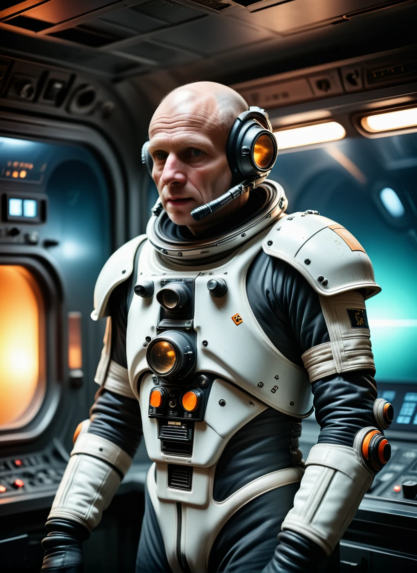cinematic realism film scene still of a from side, (1 man:1.1), old elderly android, spacesuit technoir style, screens, glowing, black theme, darksilver brown bronze translucent smoky acrylic theme <lora:Tech_Noir:1>, sci-fi dieselpunk, background busy spaceship controlroom . 35mm f1.8 Macro, chiaroscuro, shallow depth of field, vignette, Mise-en-scene, detailed, cinemascope, moody, epic, grit, (rust:0.65), cracks, cracked surface, subtle messy, dust, weary, edges rusty dusty, surface scratches, peeled sun bleeched paint, smudges, crumbles, rugged, used